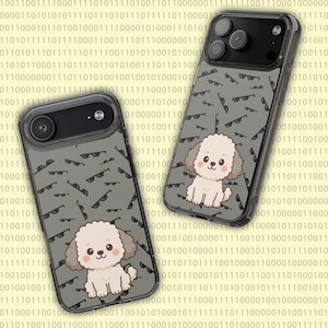 May include: Two phone cases with a gray background featuring a pattern of sunglasses and a cartoon poodle. The cases have a clear border and a camera cutout.