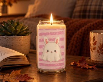 Cute Bunny Ghost Candle | Soy Candle 13.75oz, Pink Stripes
