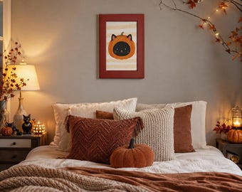 Black Cat Pumpkin Poster Colored Frame Poster | Halloween Wall Art