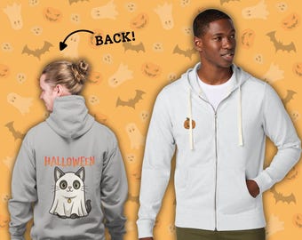 May include: Two light grey Halloween-themed zip-up hoodies. One has a pumpkin patch graphic, the other a cat in a ghost costume with the word "HALLOWEEN". The background is orange with Halloween-themed illustrations.