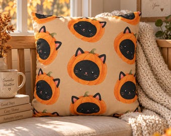 Black Cat in Pumpkin Hood Pillowcase | Halloween Throw Pillow Cover