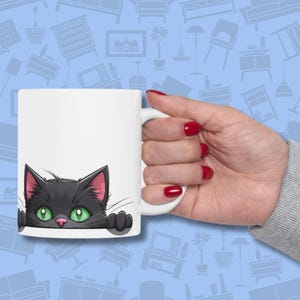 Cute Black Cat Mug  11oz & 15oz | Ceramic Coffee Cup for Cat Lovers | Green-Eyed Kitty Design