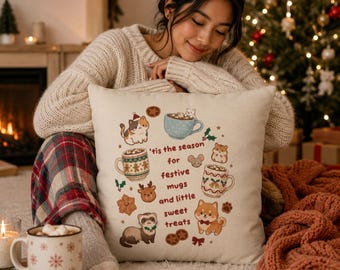 Festive Mugs and Sweet Treats Pillowcase | Holiday Cocoa Cat Dog Design