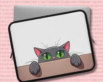 Peek-a-Meow Protection | Cute Gray Cat Laptop Sleeve for Work & Play