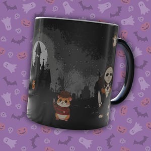 May include: Black ceramic mug featuring a Halloween-themed design. The design includes a spooky graveyard scene with cartoon characters dressed as horror movie icons. The mug has a black handle and interior, with a purple background.