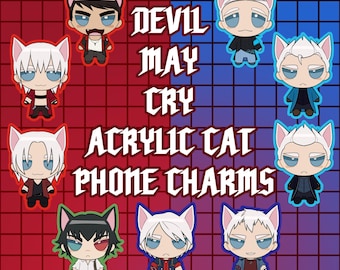 May include: A set of nine acrylic cat phone charms featuring characters from the Devil May Cry video game series. The charms are in various poses and expressions, with some wearing red, blue, or black clothing. The charms are against a red and blue checkered background.
