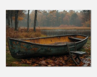 Rustic Row Boat by Autumn River III – Moody Landscape AI Canvas Wall Art – 16x24 Unframed – Countryside & Cabin Decor