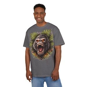 Roaring Gorilla Tee | Jungle Primate Face | Tropical Leaves | Fierce Ape Graphic | Alpha | Monkey Shirt