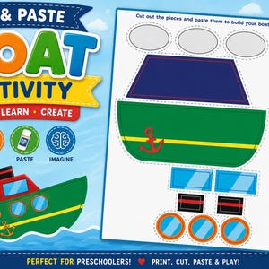 Boat Cut and Paste Activity for Kids | Printable Boat Craft | Preschool Scissor Skills Worksheet | Fine Motor Activity | Instant Download PD