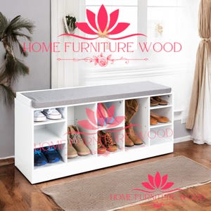 Shoe Rack Bench for Entryway, Bedroom, and Living Room with Padded Seat and 10 Cubbies - White/Gray