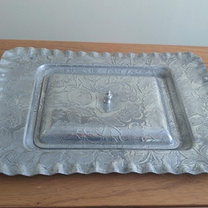 Vintage Hammered Aluminum Covered Serving Tray Rectangular with Fruit and Floral Design 1960s Home Décor