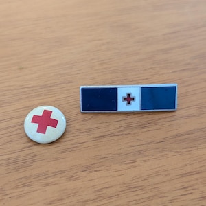 Vintage Red Cross 5 Year Volunteer Pin and Round Metal Pin Blue and Red Enamel Red Cross See Pin