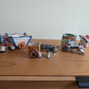 Set of 3 Hand Painted Planters with Donkey and Cart Motif Made in Occupied Japan Post WWII late 1940s early 1950s