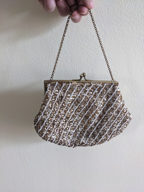 Gorgeous Gold and White Beaded Purse with Dainty C