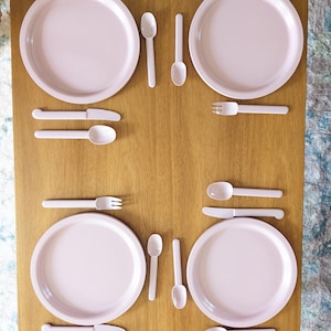 Vintage Kasen Peter Pan 80s Pink or Dusty Rose Color Melamine Dinner Set Including a Dinner Plate Knife Fork Teaspoon and Tablespoon