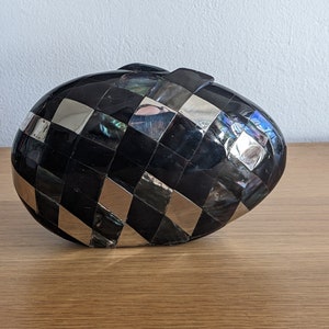Clutch Purse Majorie Renner Egg Clutch Black, Silver and Shell Inlay Clutch with Chain Vintage Clutch