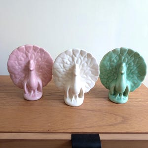 Set of 3 Vintage Ceramic Peacock Wall Planters Made in USA Pink Green and White