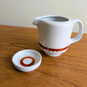 1970s Alfoldi Porcelain Hungary Creamer with Small Tray Orange and Gold Design on White Porcelain