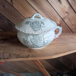 May include: Cream-colored antique chamber pot with a matching lid. The pot and lid feature a floral design in shades of green. The pot has a handle on the side and a handle on the lid. The pot is sitting on a wooden shelf.