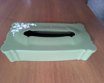 50s Vintage Plastic Tissue Box Holder Green Schwarz Bros Hinge Top Floral