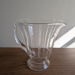 Vintage Geometric Etched Glass Pitcher with Wide Top and Glass Handle 7.5&quot; Tall