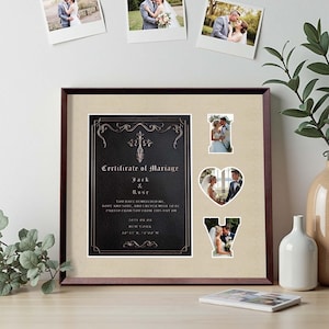 Benutzerdefinierte Hochzeitszertifikat Fotorahmen | LOVE Ausschnitt mit Bildern | Kupfer Ehe Andenken | Paar Jahrestag Geschenk | Gelübde Art