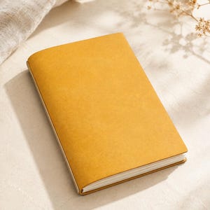 May include: A mustard-yellow notebook with a textured cover. The notebook is rectangular and has a rounded spine. The pages are white, and the edges are visible. The notebook is lying on a light-colored surface, with a soft, white cloth and dried flowers in the background.