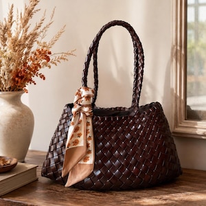 Brown Woven Leather Tote Bag, Braided Handle Shoulder Bag, Handmade Women’s Handbag