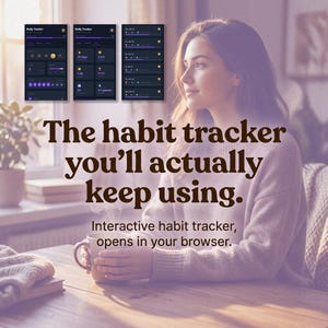 Può includere: Immagine con una donna con una tazza e tre display digitali di monitoraggio delle abitudini. Il testo recita: "Il tracker delle abitudini che userai davvero" e "Tracker delle abitudini interattivo, si apre nel tuo browser".