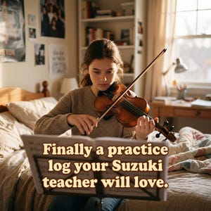 May include: A person playing a violin, with sheet music in front. The text on the sheet music stand reads: "Finally a practice log your Suzuki teacher will love."