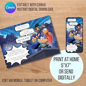 Hombre perro, Petey, Descarga instantánea, Invitación, Invitación de cumpleaños, TDAH, Evite, Invitación editable, cómics, cómic, niño gato, hombre perro