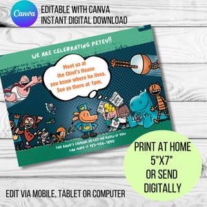Invitación editable de Dog Man, Dogman, Petey, Capitán Calzoncillos, cómic, cómics, descarga instantánea, niño gato, evite