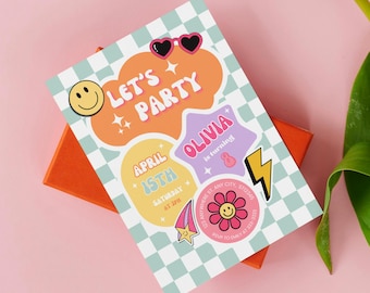 May include: A colorful party invitation with a checkered background. The invitation says "Let's Party" in a retro font and includes details for Olivia's 8th birthday party on April 15th. The invitation features various fun and colorful graphics, including a smiley face, sunglasses, a star, a lightning bolt, and a flower.