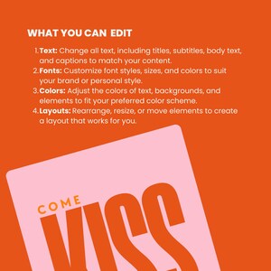 May include: A pink and orange graphic design with the text "COME KISS" in bold, orange letters.