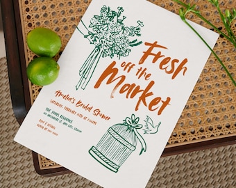Fresh off the Market Bridal Shower Invitation |  Editable Canva Template | Hand Drawn Green Orange invite | Hen Party | Digital & Printable