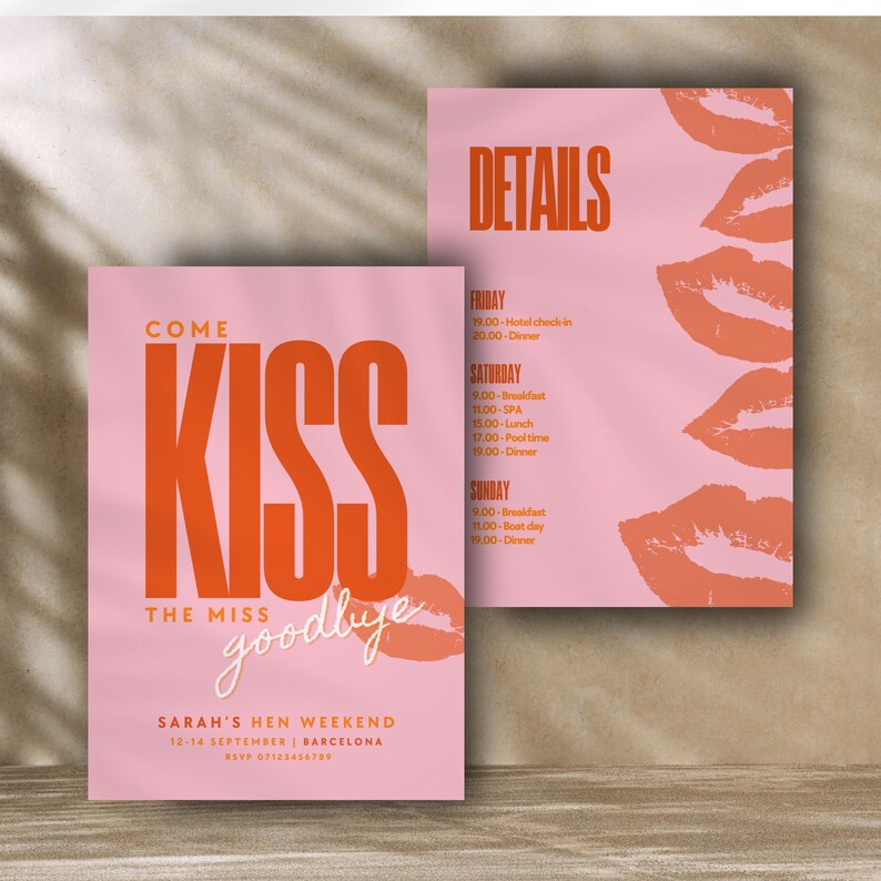 May include: Pink and orange invitation with the text "Come Kiss The Miss Goodbye" and details for a hen weekend in Barcelona. The invitation features a design of red lips.