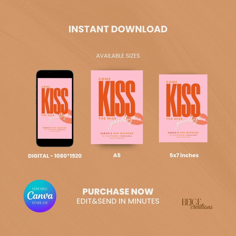 May include: A digital printable invitation for a hen party with the text "Come Kiss The Miss Goodbye" in orange and white on a pink background. The invitation is available in three sizes: digital, A5, and 5x7 inches.