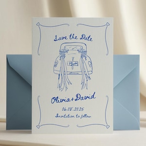 Handgezeichnete Save the Date Karte | Bearbeitbare Canva Vorlage |  Wunderliches Hochzeitsauto | Digital und druckbar