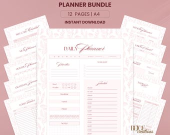 May include: Printable planner bundle with 12 pages in A4 size. The daily planner page features a floral design and sections for priorities, to-do list, schedule, and notes.