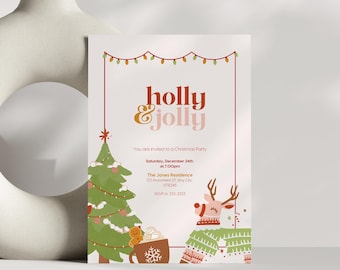 May include: A Christmas party invitation with the words "holly & jolly" in a festive font. The invitation includes a Christmas tree, reindeer, and a mug of hot cocoa. The date and time of the party are also included.