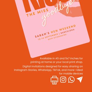 May include: Pink and orange printable invitation for a hen weekend in Barcelona, Spain. The invitation says "The Miss Goodbye" and includes the date and RSVP information. The invitation is available in A5 and 5x7 inches and is designed for easy sharing on social media.