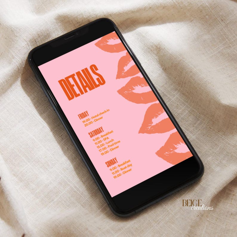 May include: A pink and orange mobile phone screen displaying a schedule with the word "DETAILS" in bold orange letters. The schedule lists activities for Friday, Saturday, and Sunday, including hotel check-in, breakfast, spa, lunch, pool time, and dinner.