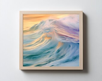 Puede incluir: Un primer plano de una gran ola rompiendo en el océano. La ola es de un hermoso color azul y verde con toques de morado y naranja. El agua es clara y el sol brilla.