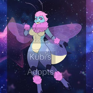 May include: A blue and pink cartoon bee with large wings and a starry pattern. The bee has a fluffy pink collar and pink fur on its legs. The background is a dark blue with stars.