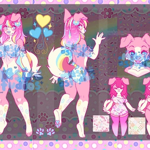 Op de afbeelding: Een digitaal karakterreferentieblad met een antropomorfe roze hond met regenboogkleurig haar, getoond in voor- en achteraanzicht, een portret en twee kleinere poses. Het ontwerp bevat hartpictogrammen en patronen van stoffen.