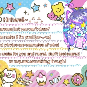 Puede incluir: Una ilustración colorida con un personaje de dibujos animados con cabello morado y azul y un fursona rosa y blanco. El texto dice "¡Hola! ~.~. ¿Quieres un fursona pero no sabes dibujar? ¡Puedo hacerlo por ti! (๑><๑) Las siguientes fotos son ejemplos de lo que puedo hacer por ti y mucho más! ¡No tengas miedo de pedir algo! oishisou dane!!!"