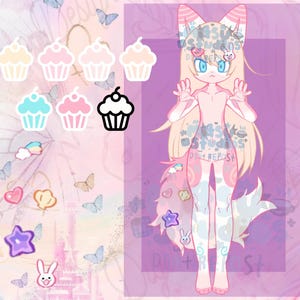 May include: Digital art illustration of a cartoon character with fox-like features, light skin, and blue eyes. The character has long blonde hair and is wearing a pink and white outfit. The background is pink with cupcake and butterfly stickers.