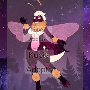 May include: A digital illustration of a bee-like creature with a pink and purple body, white fur, and large pink wings. The creature is set against a dark purple background with white stars. The text "Kubis' Adopts" is written on the creature's body.