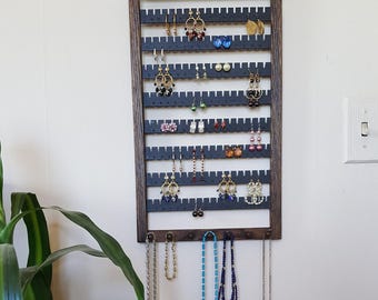 Oak Wood Earring Holder, Holds 120 Pairs, Necklace Pegs, Wall Mount Jewelry Rack