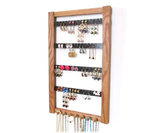 earring rack, Oak Earring Holder, Wall Mount, Jewelry Organizer with Necklace Pegs